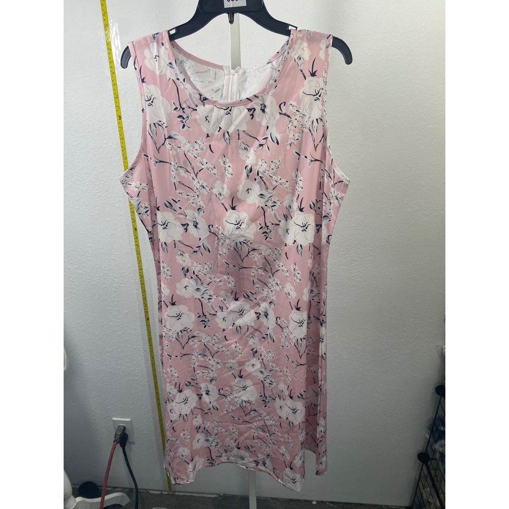 Pink Floral Sleeveless Shift Dress Round Neck Knee Length Garden Party Casual